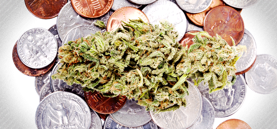 art - marijuana leaf over pennies - cheap weed