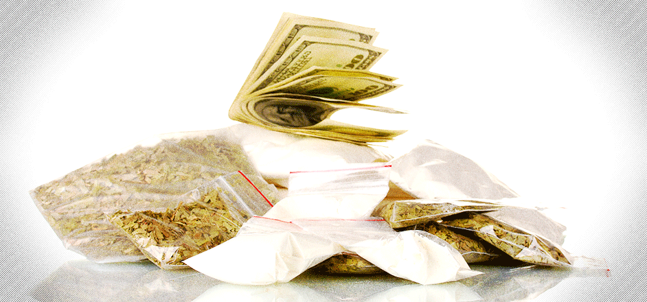 photo illustration - cocaine and cannabis and money